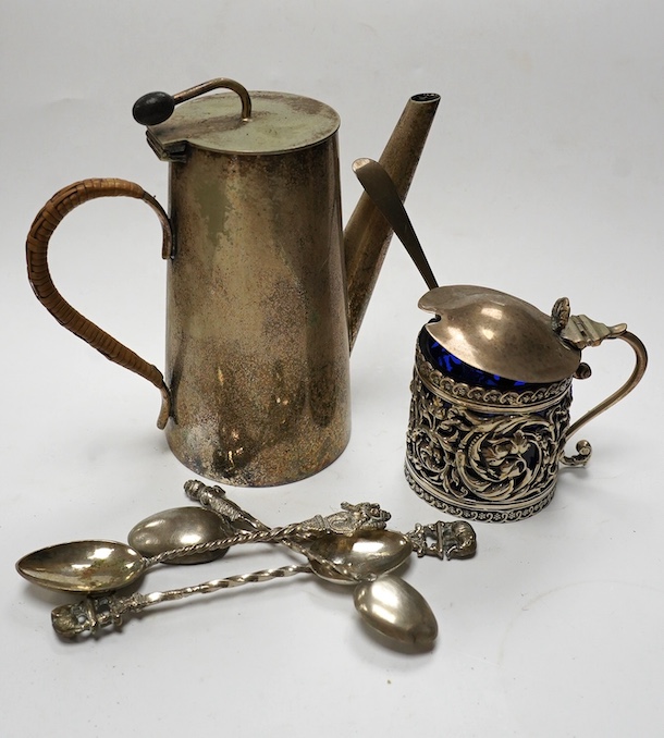 Small silver including a late Victorian pierced silver mustard pot, a small cream jug and oval trinket box, together with five metal spoons and a plated hot water jug. Condition - poor to fair